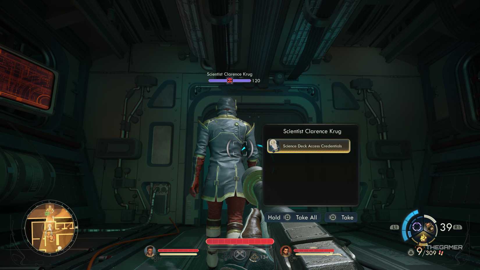 Stealing science deck credentials from a scientist in the outer worlds 2.