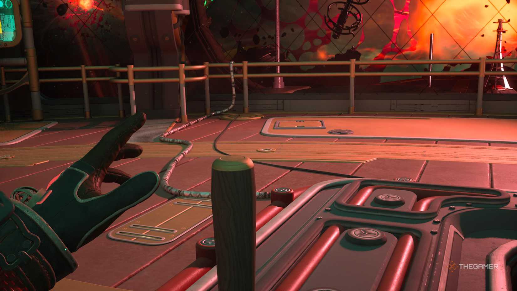 Gripping the lever to pilot the sovereign's ship in the outer worlds 2.