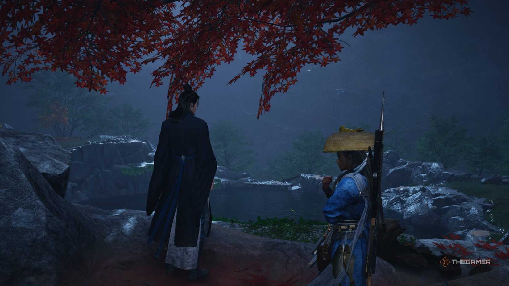 The player with uncle tian on a hill overlooking a lake in where winds meet.