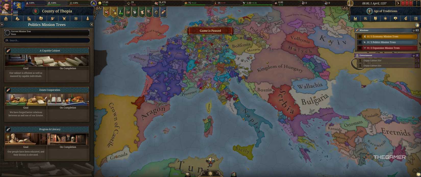 The Politics mission tree selection menu in Europa Universalis 5.