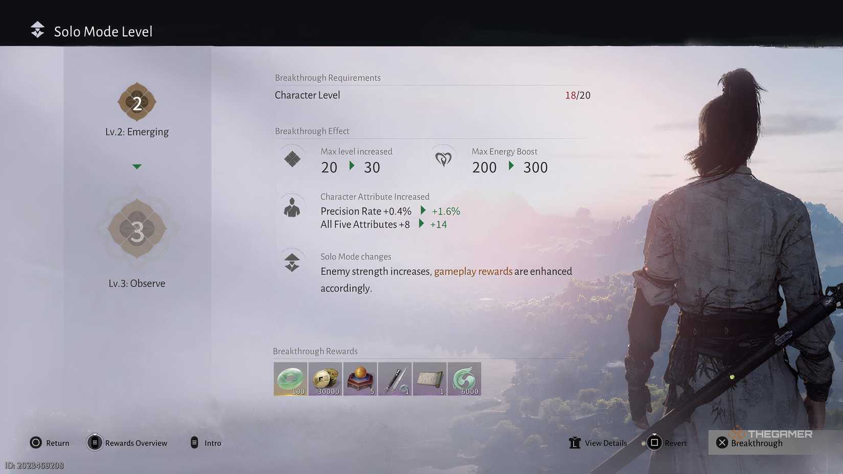 The Solo Mode Level menu in Where Winds Meet, showing Breakthrough rewards.