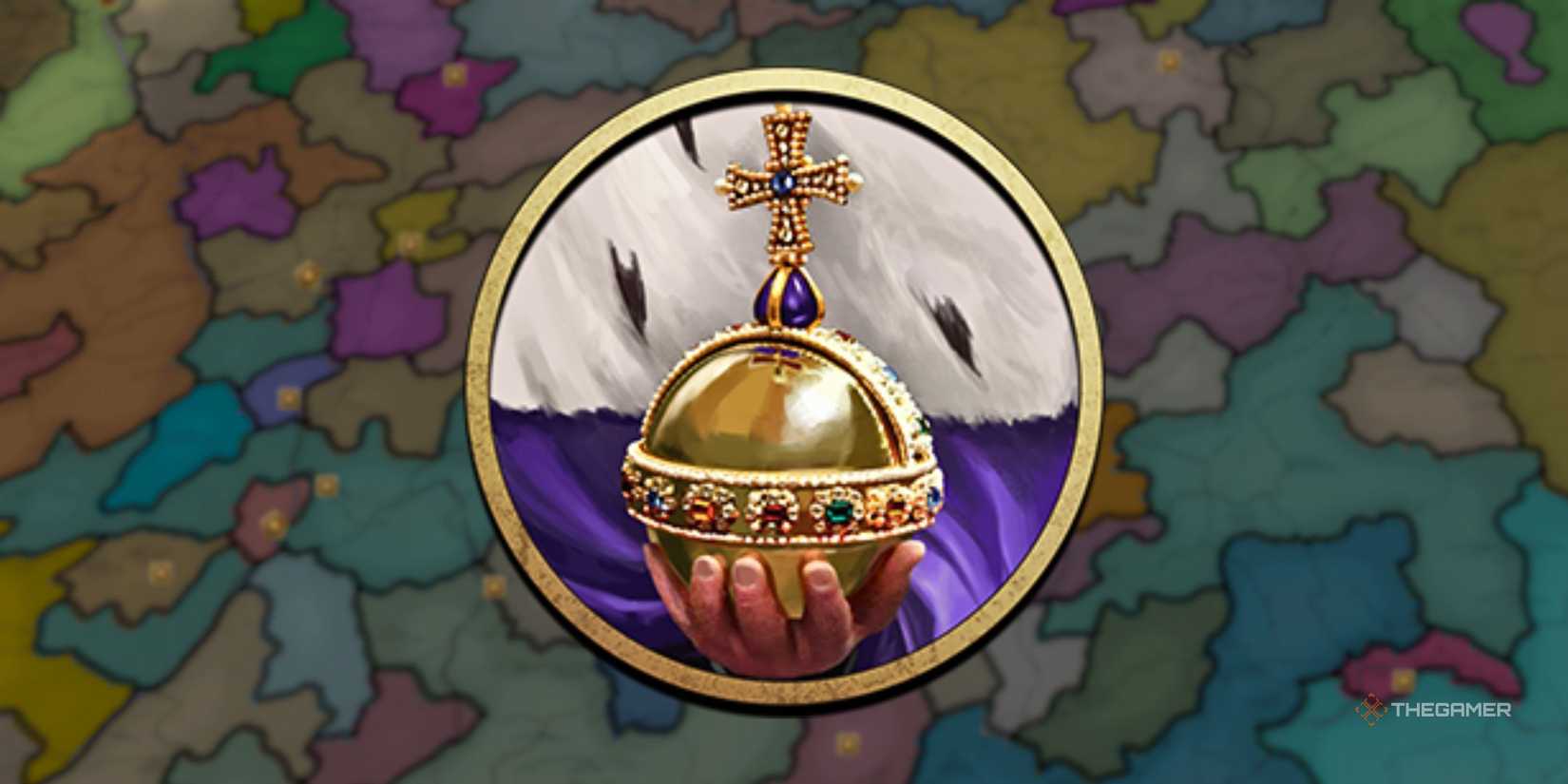 The Symbol for the Age of Absolutism in Europa Universalis 5 over a colorful map of a section of Europe.