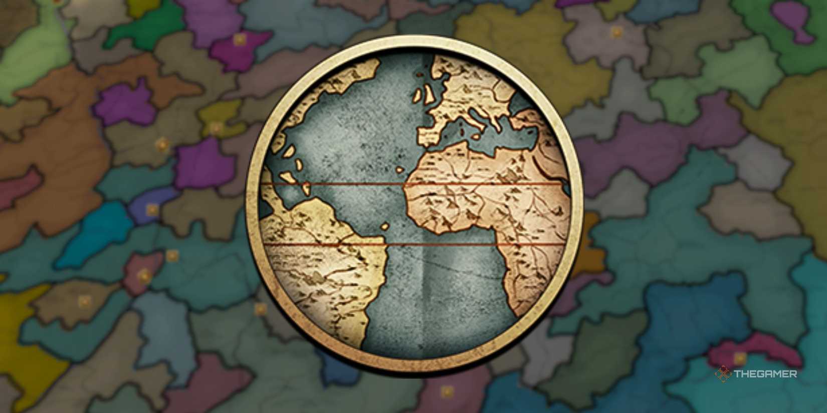The Symbol for the Age of Discovery in Europa Universalis 5 over a colorful map of a section of Europe.