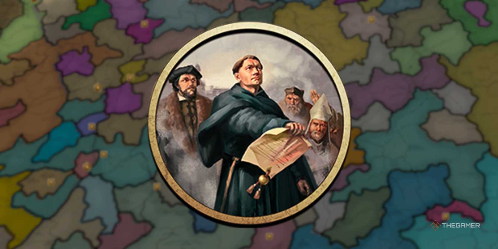 The Symbol for the Age of Reformation in Europa Universalis 5 over a colorful map of a section of Europe.