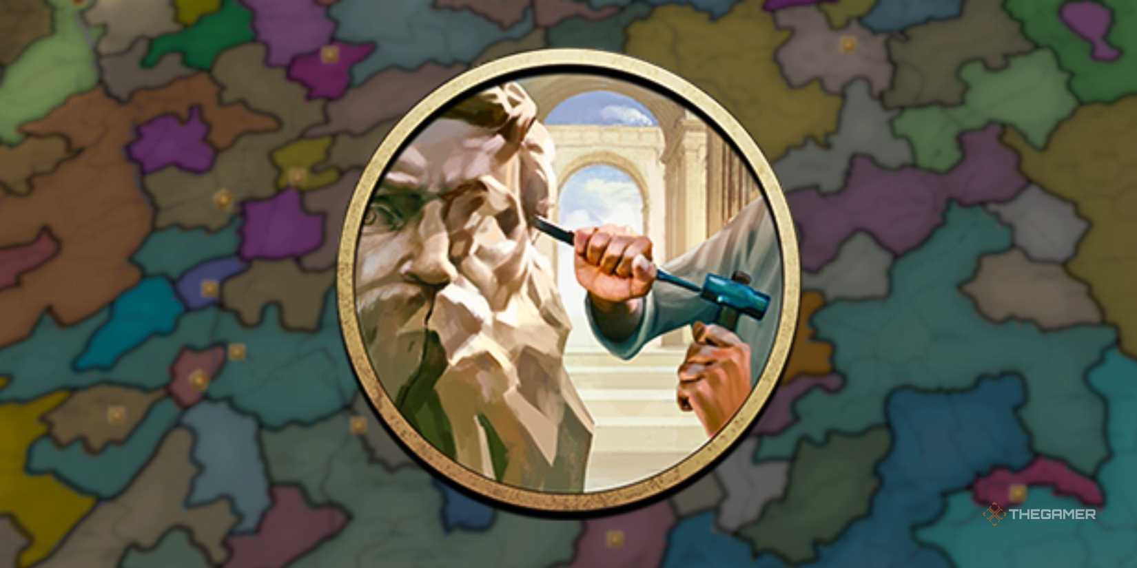 The Symbol for the Age of Renaissance in Europa Universalis 5 over a colorful map of a section of Europe.