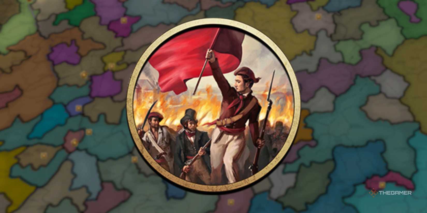 The Symbol for the Age of Revolutions in Europa Universalis 5 over a colorful map of a section of Europe.