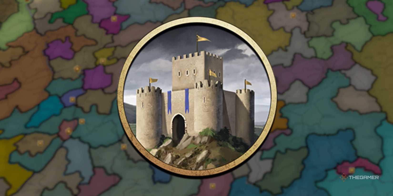 The Symbol for the Age of Traditions in Europa Universalis 5 over a colorful map of a section of Europe.