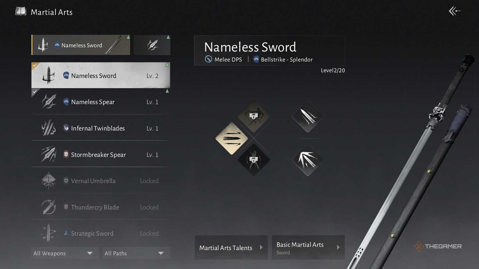 The weapons upgrade screen in Where Winds Meet.