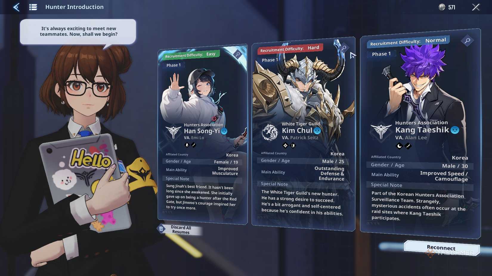 Trying to recruit Han Song-Yi, Kim Chul, and Kang Taeshik as Recruits in Solo Leveling Arise Overdrive.