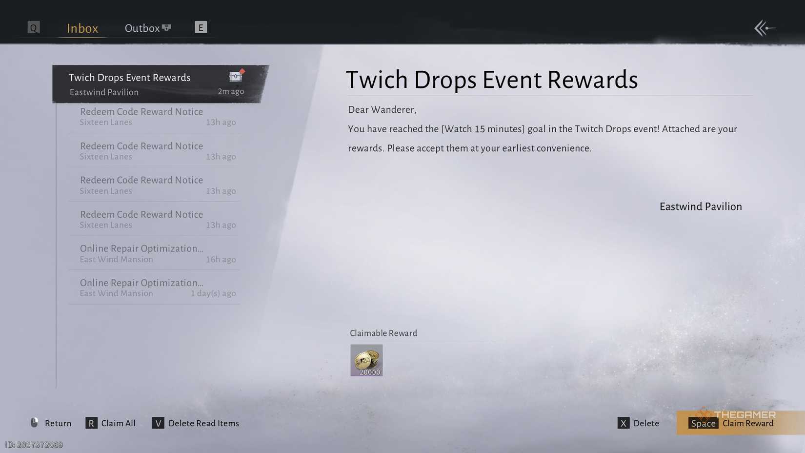 Twitch Drop rewards sent by Letter in Where Winds Meet.