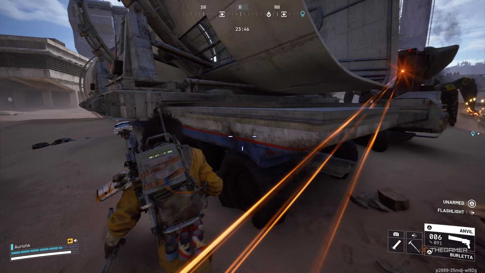 Player raider running behind cover as a Bastion tries to circle and shoot at them in Arc Raiders.