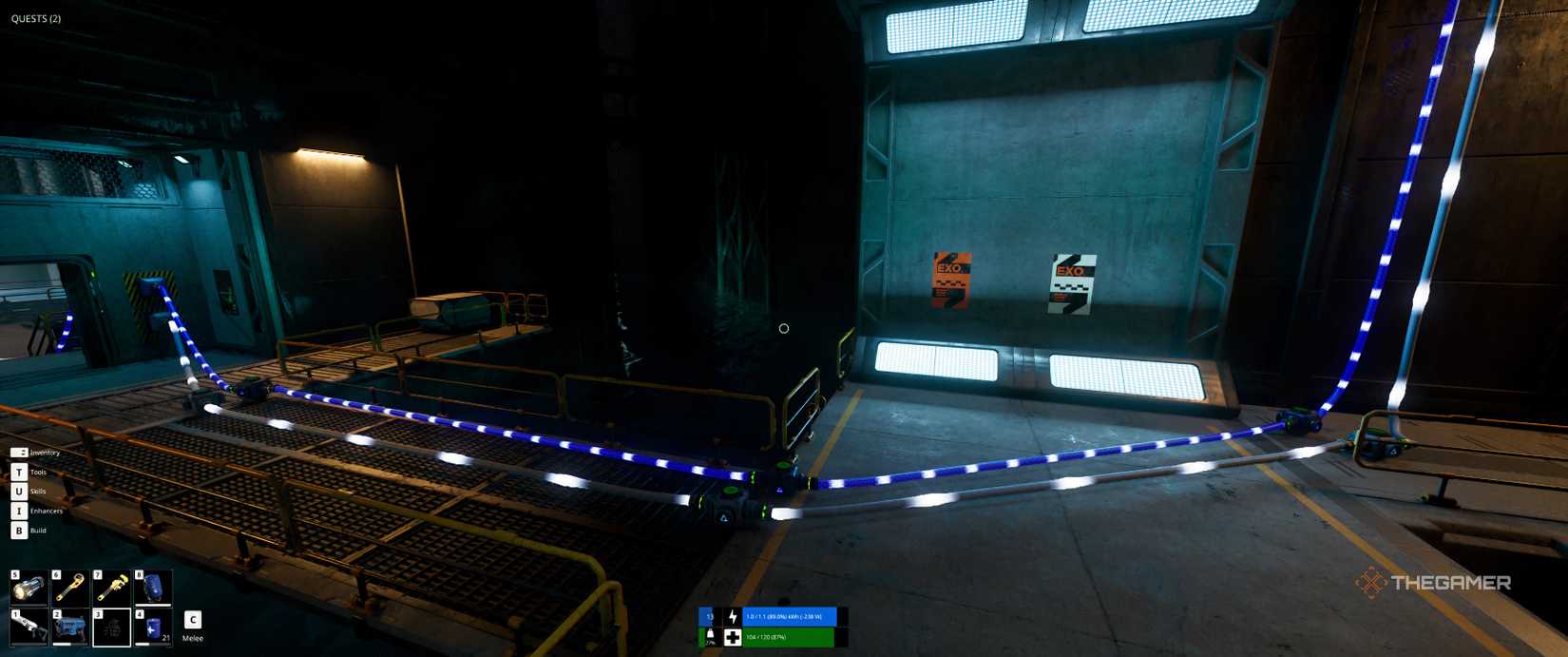 Water and electricity running down into the wall by the water filtration area in The Last Caretaker.