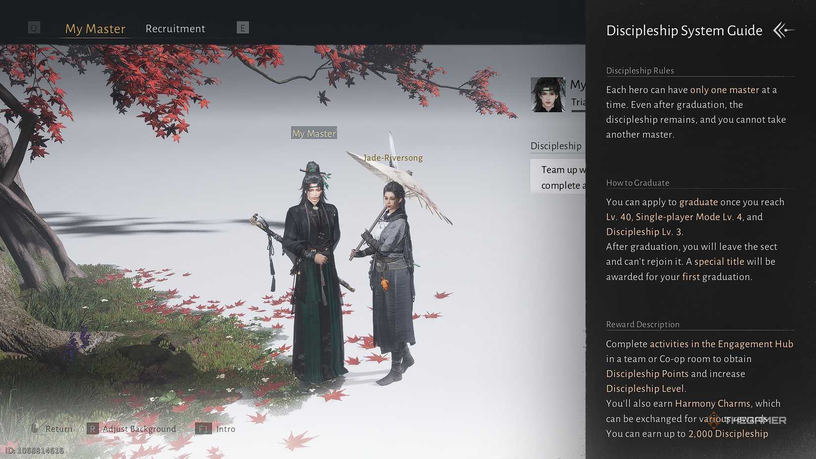 Where Winds Meet A master and disciple under a blooming red tree.