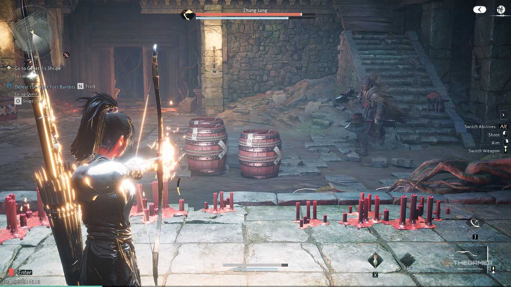 Where Winds Meet Firing an arrow at explosive barrels as Zhang Lang charges.