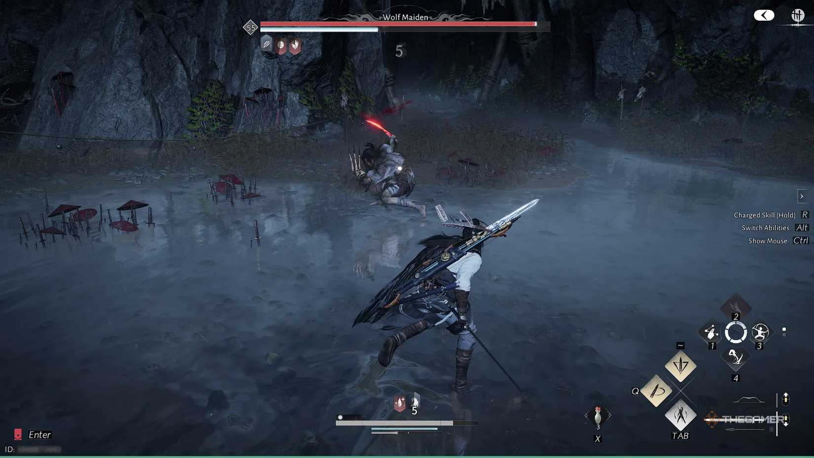 The Wolf Maiden preparing to use a red attack in Where Winds Meet.