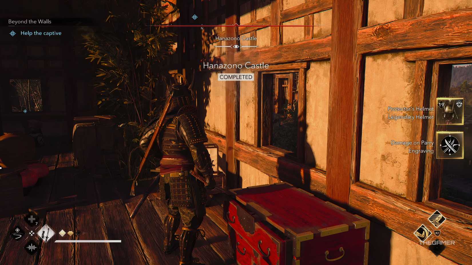 Yasuke getting the Protector's Helmet from a chest in the Attack on Titan crossover story quest in Assassin’s Creed Shadows.