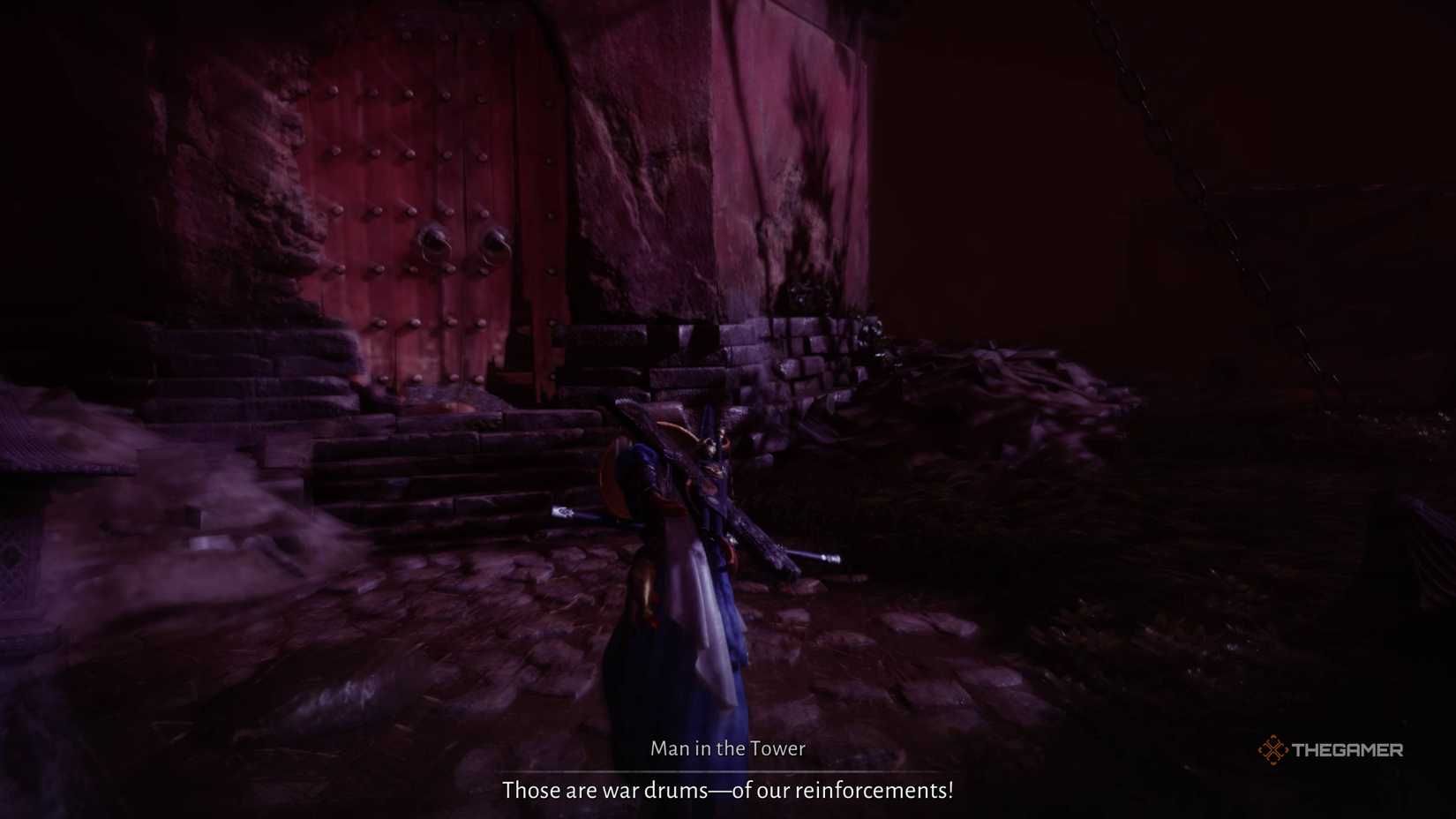 Your character approaching a tower while a filter is applied to the screen in where winds meet.