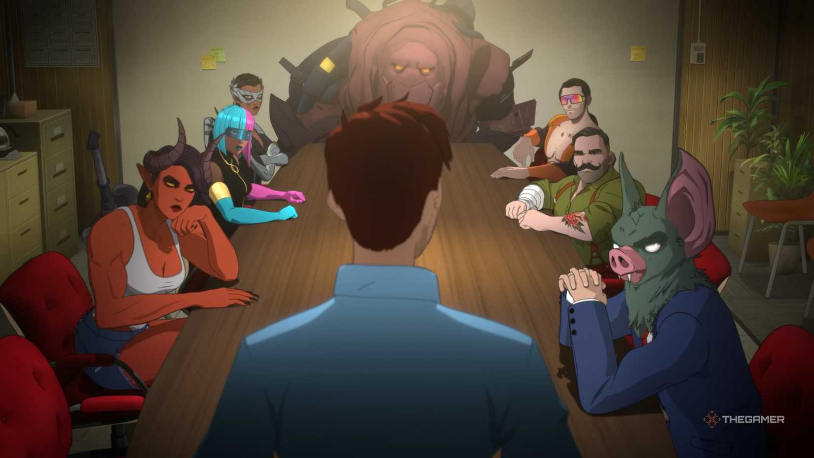 Malevola, Prism, Coupé, Golem, Flambae, Punch Up, and Sonar talking to Mecha Man, from Dispatch.