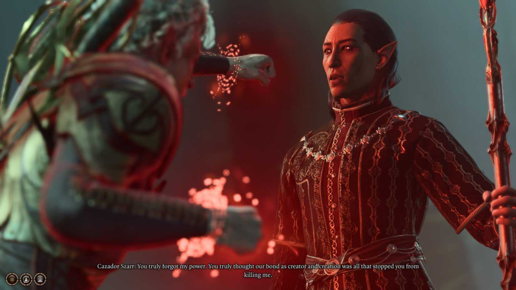 Astarion attacking Cazador and getting incapacitated in Baldur's Gate 3. 