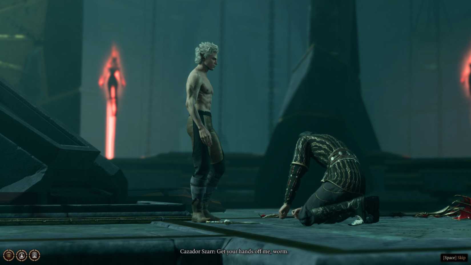 Astarion confronting Cazador, who is on his knees in front of him in Baldur's Gate 3.