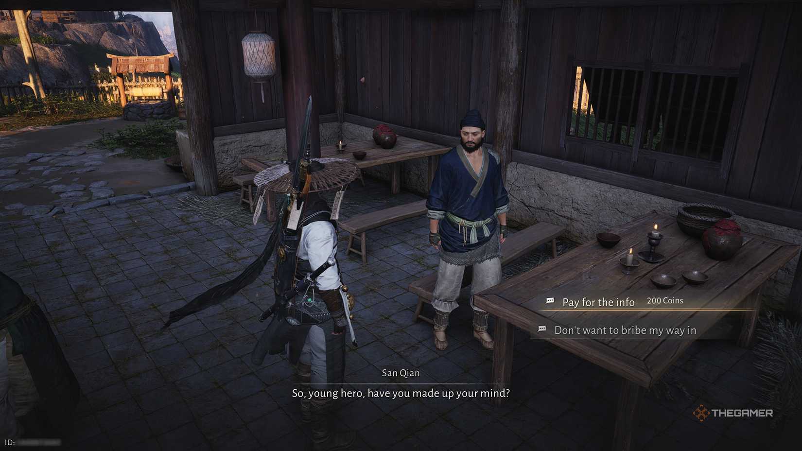 The player buying intel from the waiter in Harvestfall Village in Where Winds Meet.