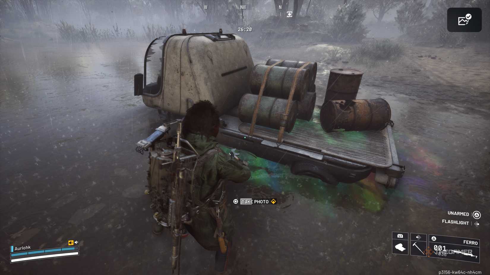 Player raider taking a photo of an abandoned truck with poison barrels strapped to the back in Arc Raiders.
