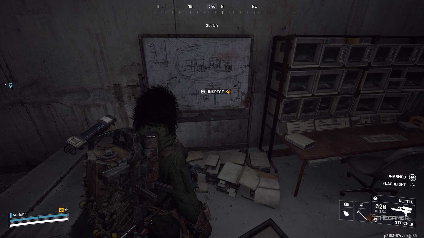 Player raider standing in front of a white board with research on it with a prompt to inspect it in Arc Raiders.