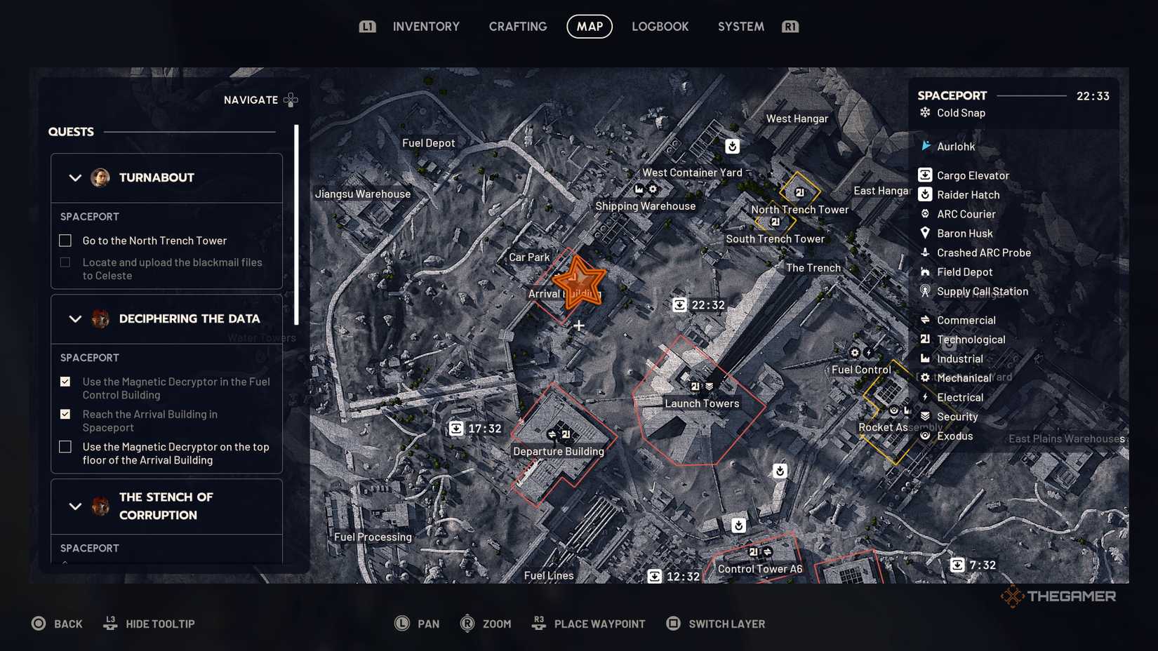 Close up of the map of Spaceport with an orange star edited onto the Arrival Building in Arc Raiders.