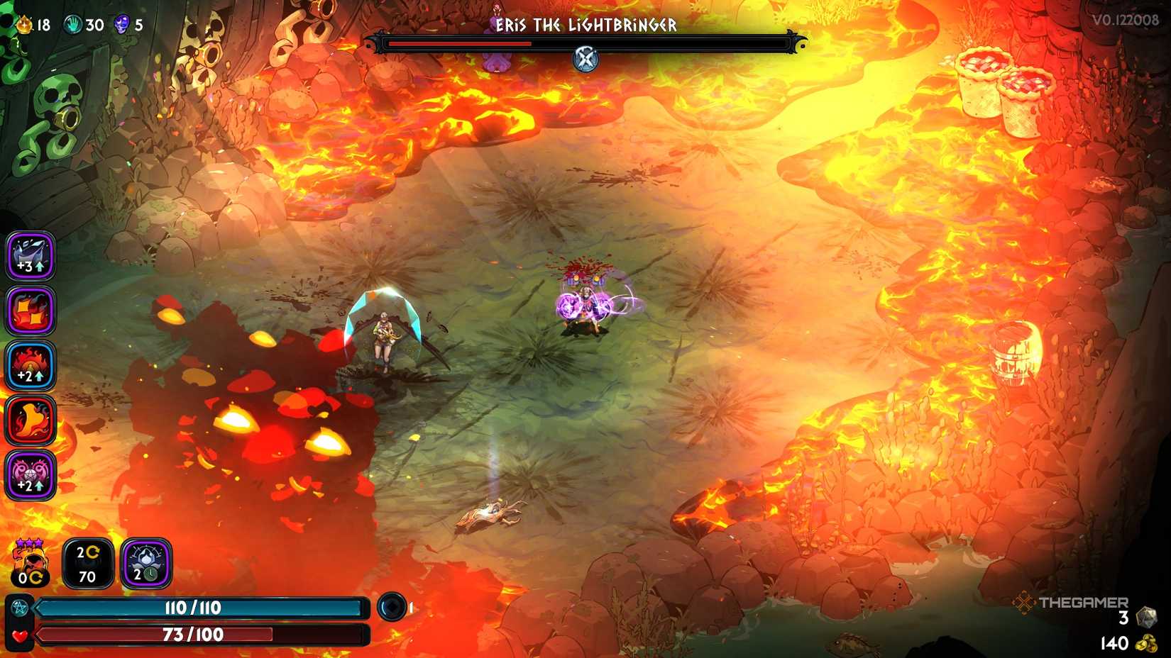 Melinoe stands in the fiery arena of Unrivaled Eris as she phase transitions in Hades 2.