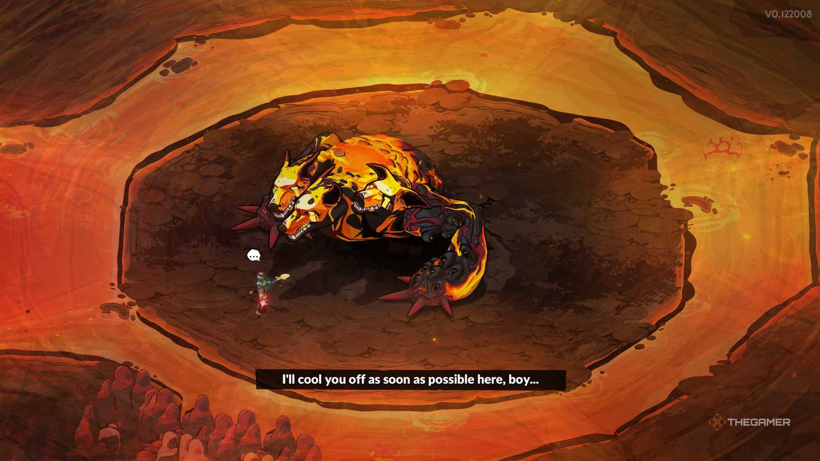 Melinoe promises to cool off the magma-clad Unrivaled Cerberus in Hades 2.
