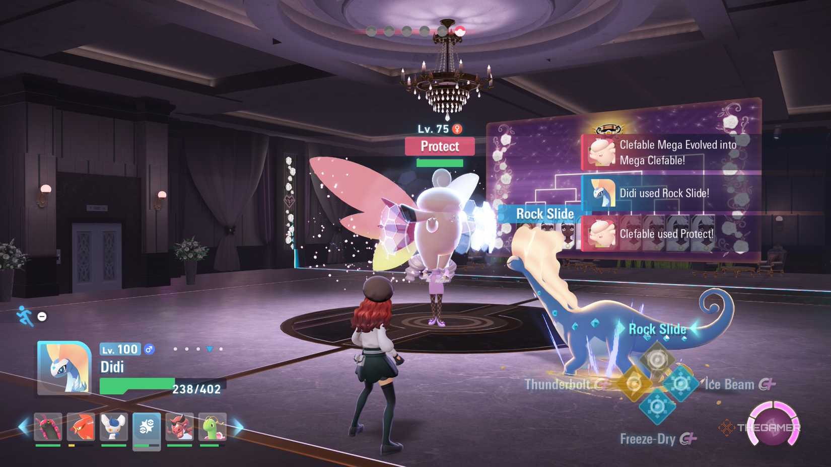 Jacinthe's Clefable uses Protect against an Aurorus's Rock Slide in Pokemon Legends: Z-A.