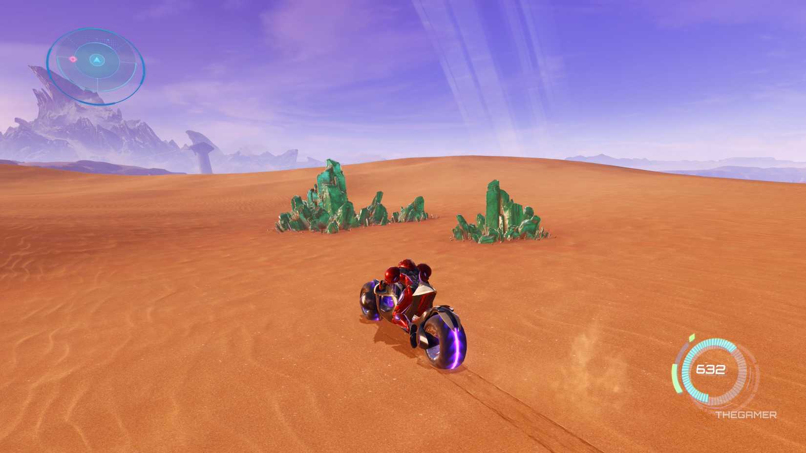 Samus encounters green energy crystals while riding her bike in Metroid Prime 4. 