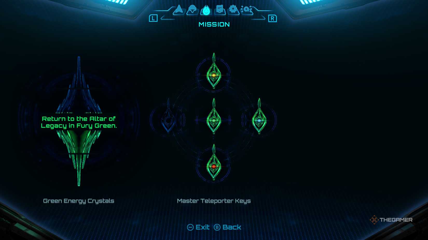 Green energy crystals in the pause menu in Metroid Prime 4. 