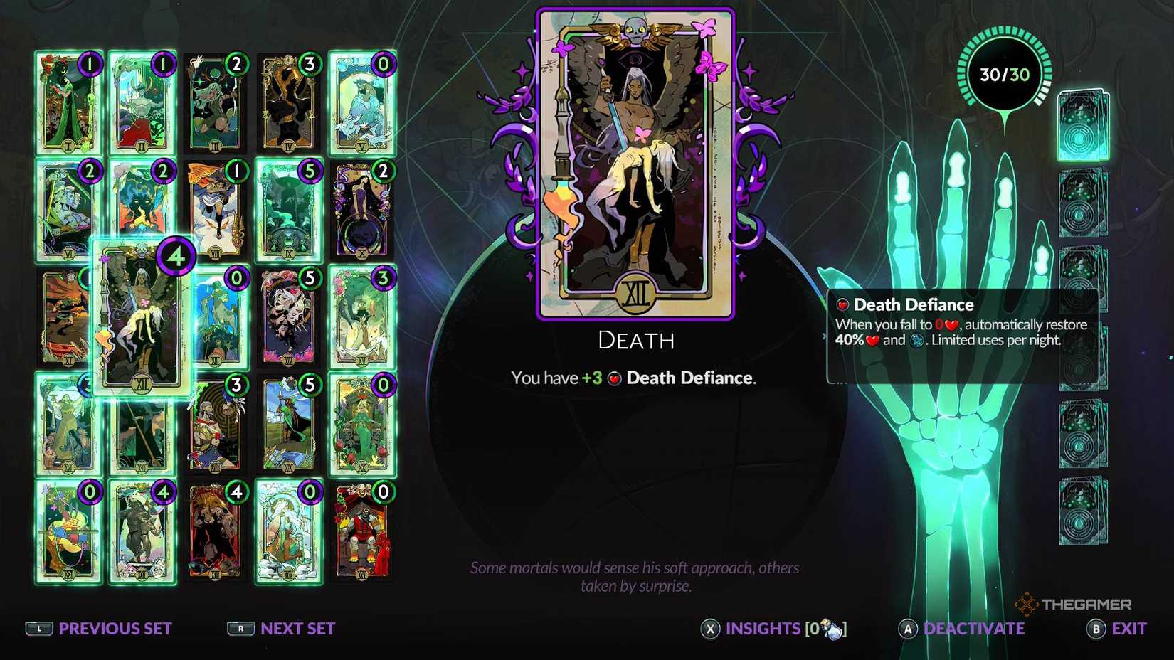 Death arcana in the grasp menu of Hades 2.