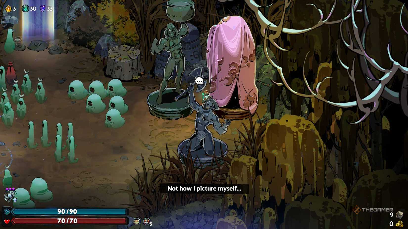 Melinoe standing near the three Night's Champion statues with two uncovered in Hades 2.