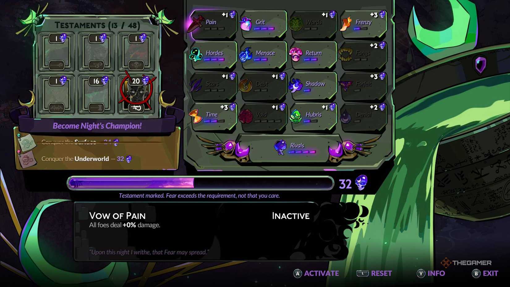 The oath of the unseen menu showcasing the different vows in Hades 2.