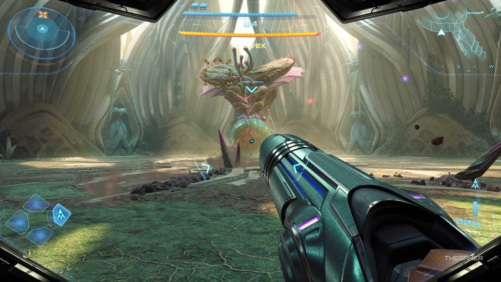 A player beating the Carvex boss in Metroid Prime 4: Beyond.
