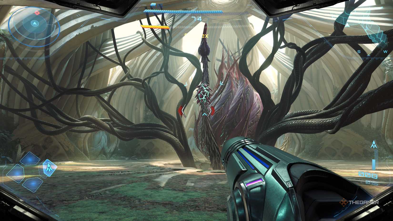 A player beating the Carvex boss in Metroid Prime 4: Beyond.
