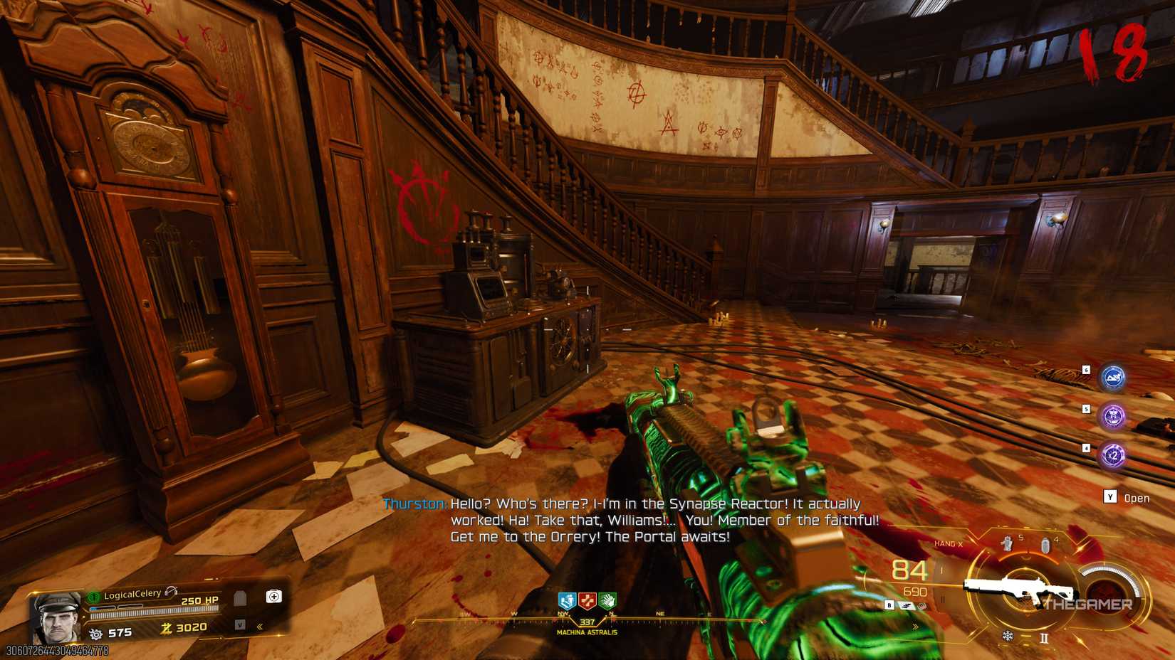 Black Ops 7 player looking at a machine on a desk in a grand old-fashioned entryway.