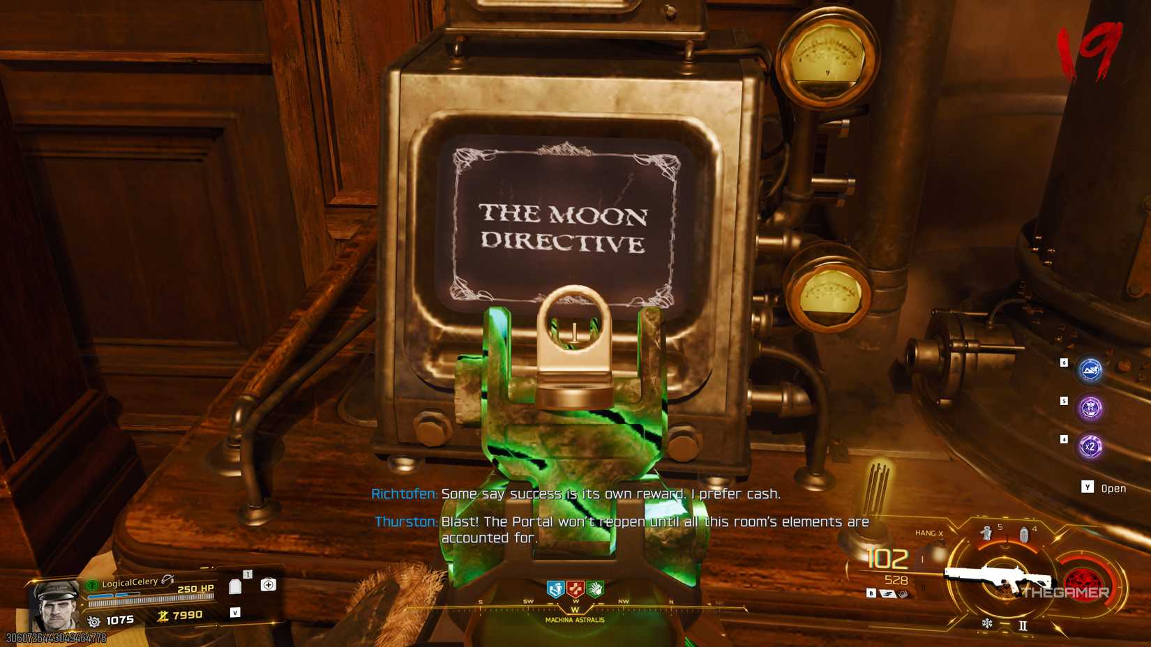 Black Ops 7 player aiming at a terminal showing a novel title: The Moon Directive.