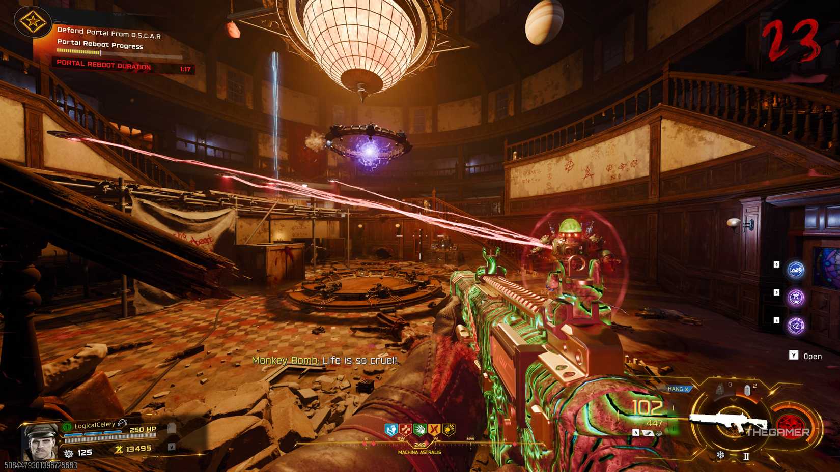 Black Ops 7 player fighting O.S.C.A.R. in a planetarium while a portal activates.