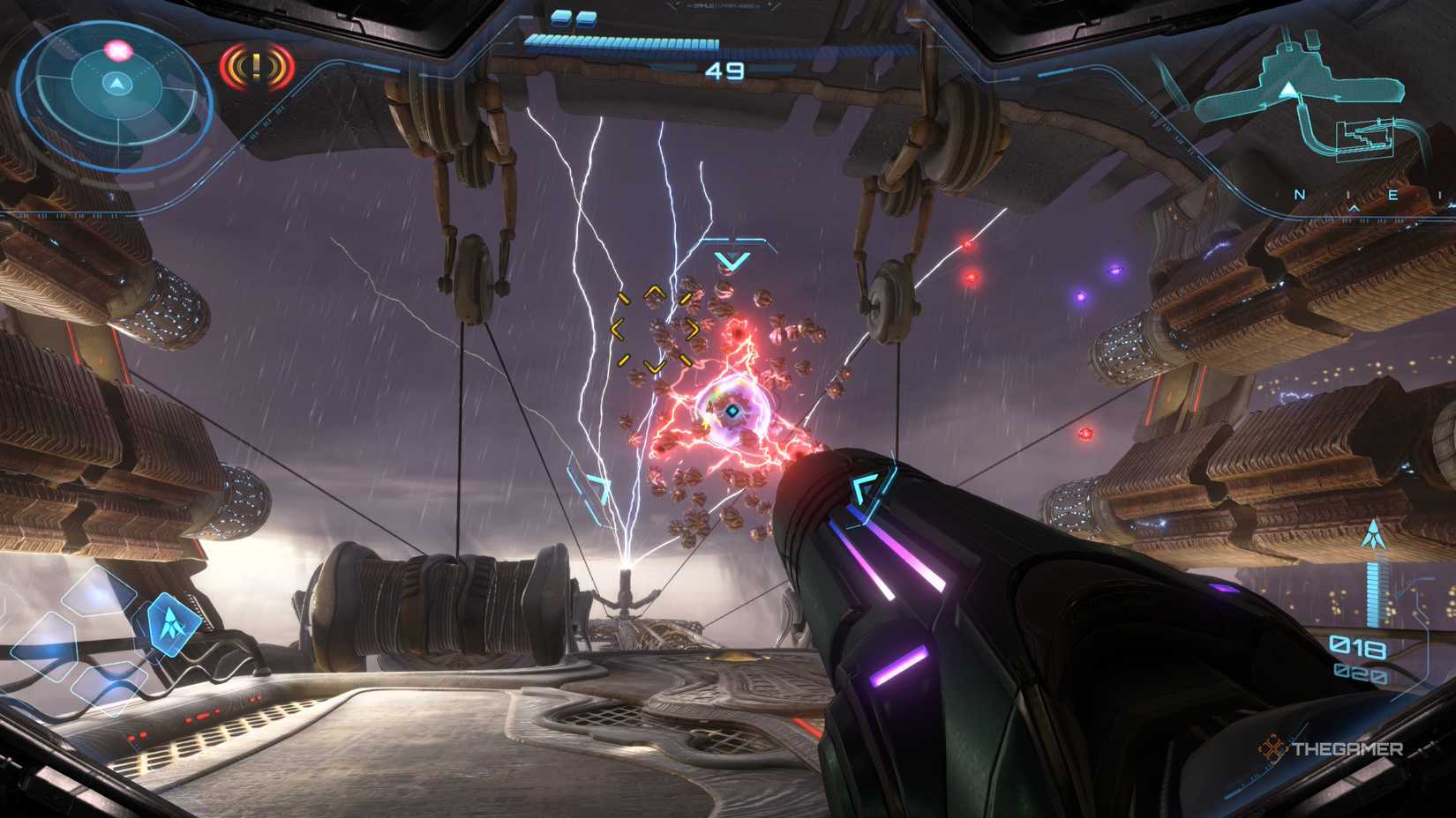 A player beating the Flight Drone MCU boss in Metroid Prime 4: Beyond.