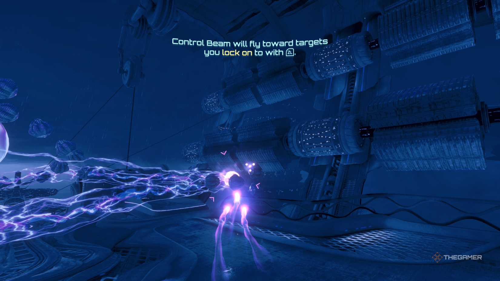 A player beating the Flight Drone MCU boss in Metroid Prime 4: Beyond.