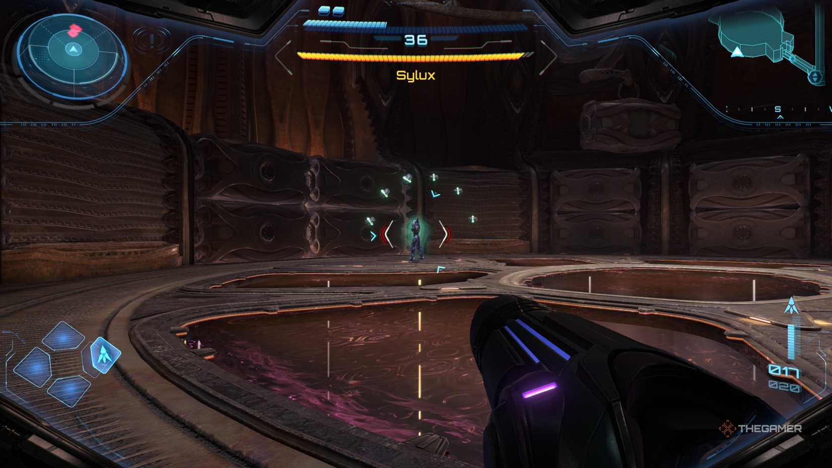 A player fighting Sylux in the Volt Forge in Metroid Prime 4: Beyond.