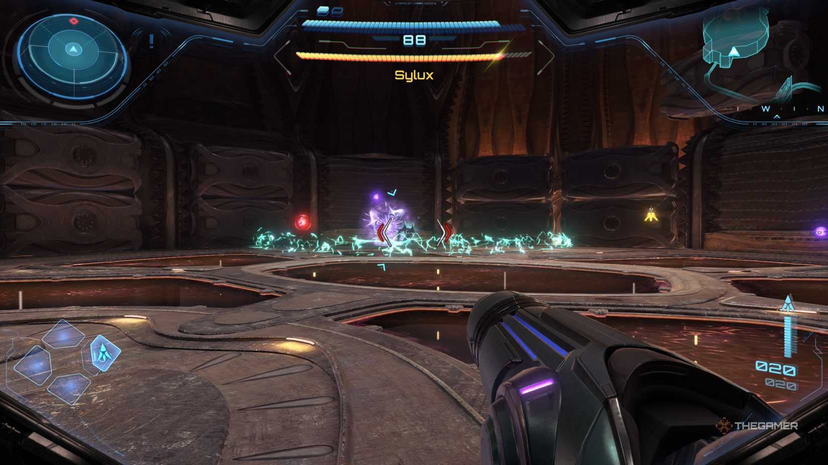 A player fighting Sylux in the Volt Forge in Metroid Prime 4: Beyond.