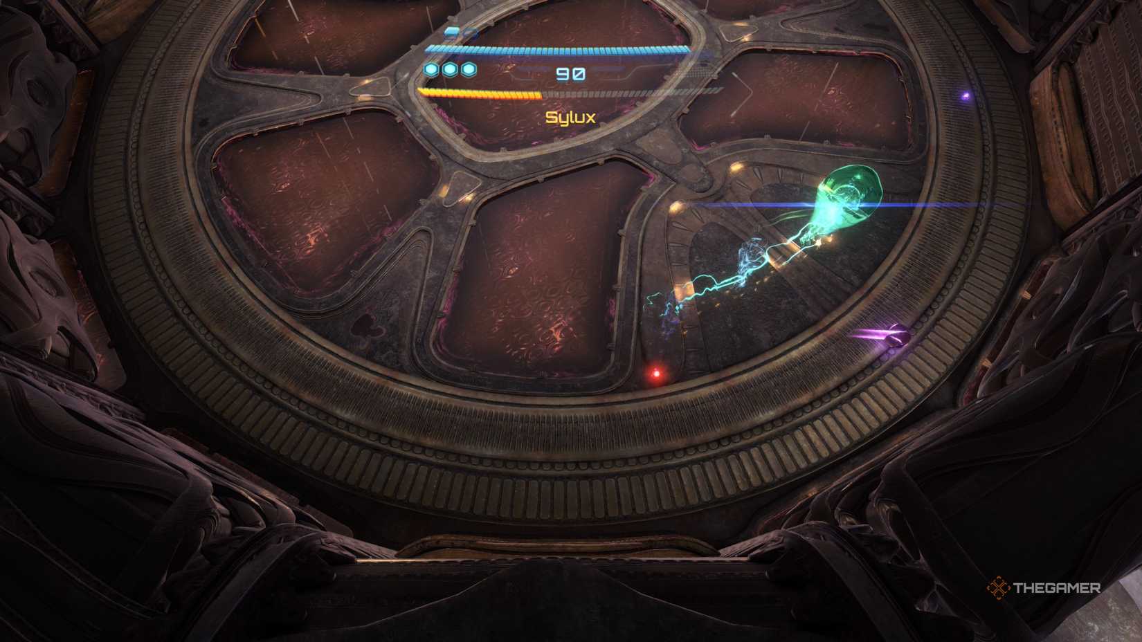 A player fighting Sylux in the Volt Forge in Metroid Prime 4: Beyond.