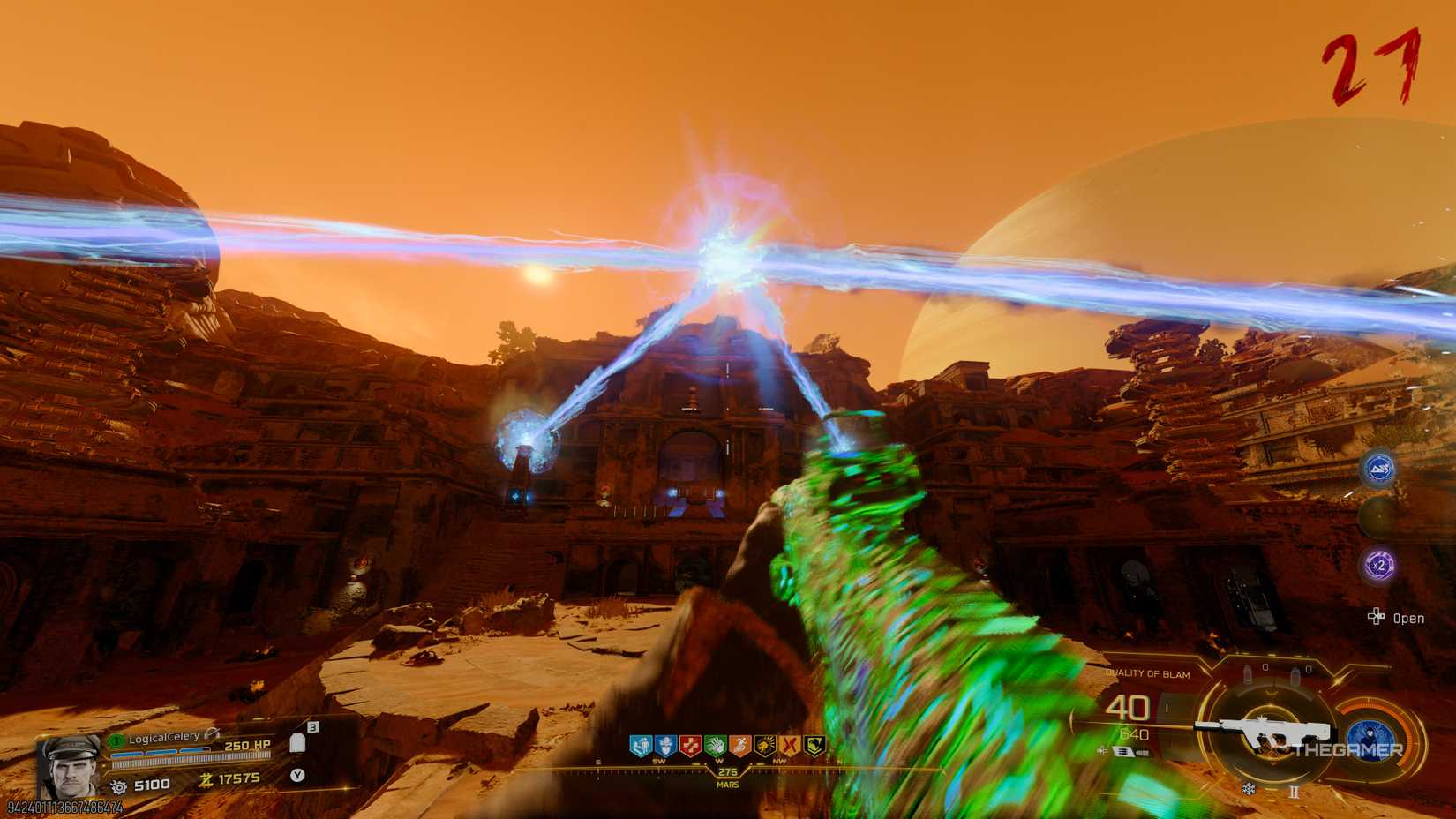 Black Ops 7 beams coalescing in the centre of a Martian temple.