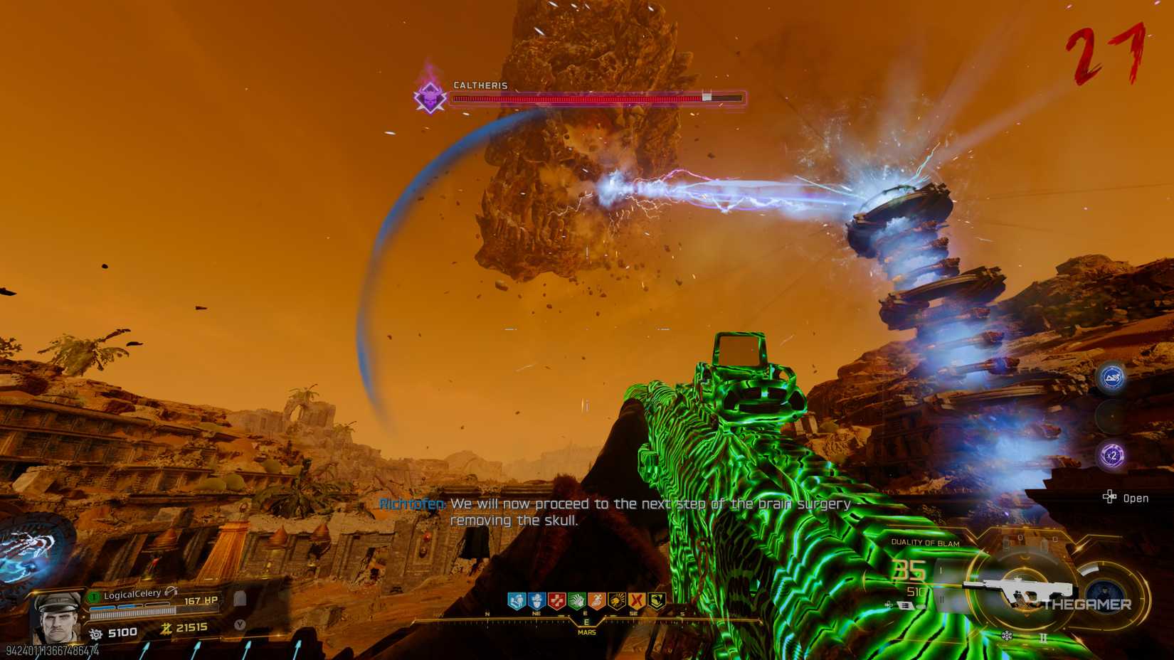 Black Ops 7 Martian tower firing a blue beam at a huge floating skull.