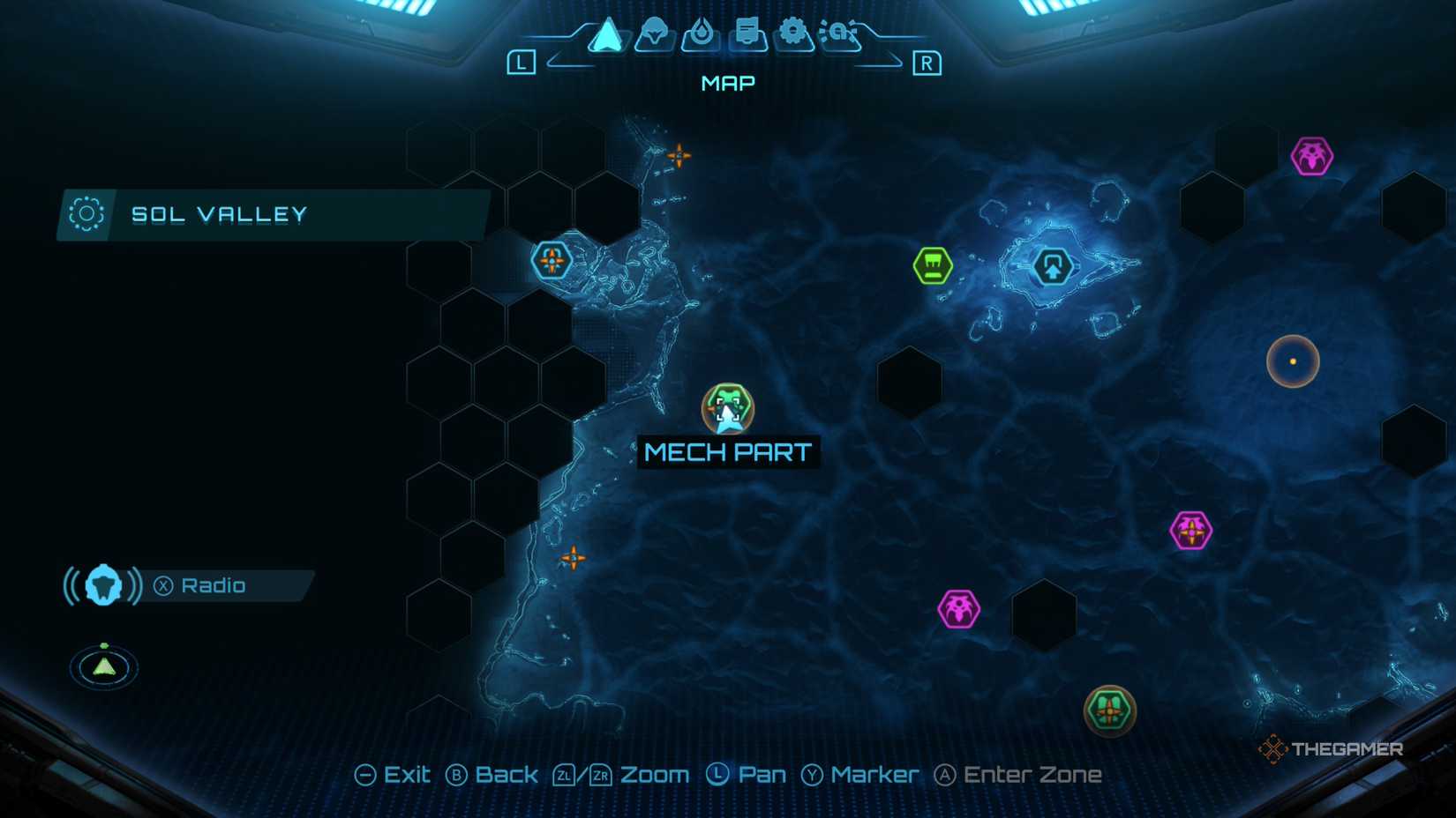 A player looking for Tokabi and Mech Parts in Metroid Prime 4.