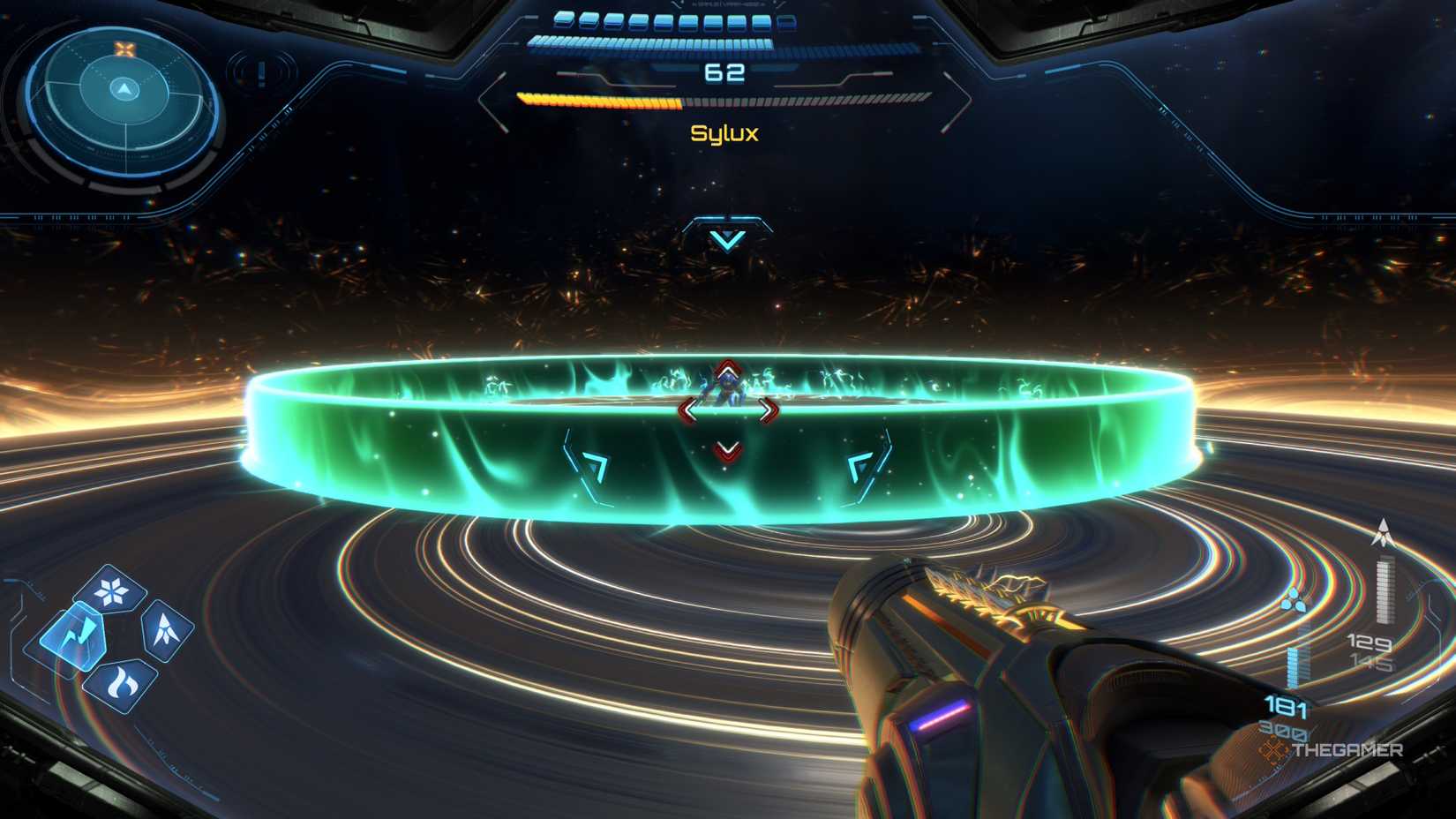 A player beating Sylux the final boss in Metroid Prime 4: Beyond.